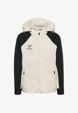 Hættetrøje med hvid foran og sorte ærmer, fuld lynlås foran, lynlåslommer i siderne og hummel-logo på brystet.