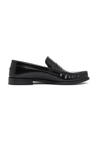 Zwarte leren loafers met een platte hak, ronde neus en decoratieve stiksels aan de voorkant. Glanzende afwerking met een minimalistisch ontwerp.