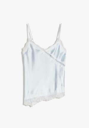 Hellblaues Satin-Camisole mit dünnen verstellbaren Trägern und weißer Spitzenbesatz am Ausschnitt, Saum und an der Seitennaht.