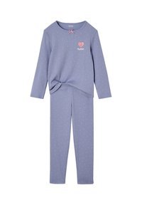 Children's two-piece lavender pajamas with small pink dots, long sleeves, pants, and a pink heart graphic with "HAPPY" text on the chest.