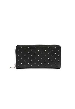 Black leather wallet with a textured finish, featuring silver studs evenly spaced across the surface and a zip closure along the top.