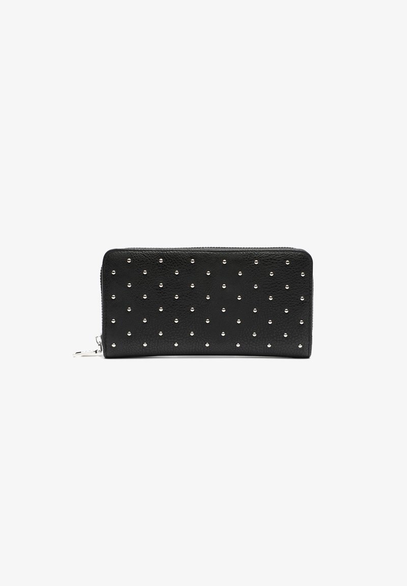 Black leather wallet with a textured finish, featuring silver studs evenly spaced across the surface and a zip closure along the top.