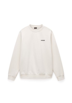 Off-white crewneck sweatshirt med lange ærmer og lille sort logotekst på den øverste venstre bryst.