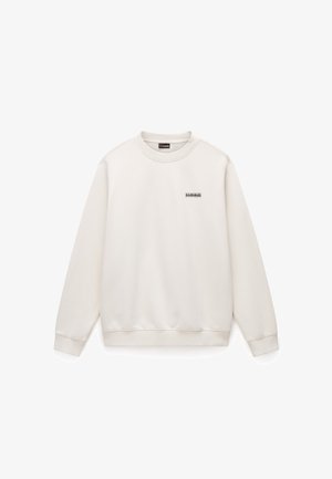 Sukienka crewneck w kolorze off-white z długimi rękawami oraz małym czarnym logotypem na lewym górnym froncie.