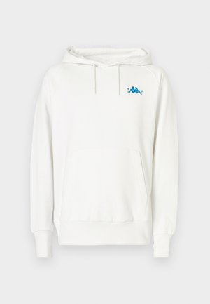 White hoodie with a standard fit, drawstring hood, kangaroo pocket, and a blue Kappa logo on the left chest, made of soft fabric.