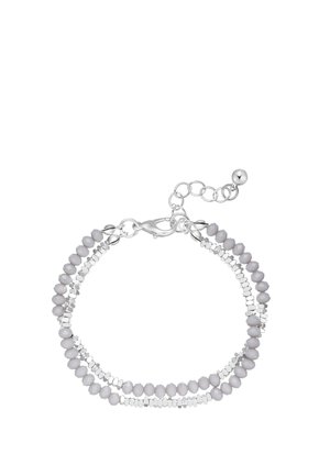 Doppelreihiges Silberarmband mit abwechselnd glatten und facettierten weißen runden Perlen und einem Karabinerverschluss mit verstellbarer Kette.