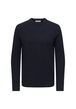 Maglione lavorato a maglia blu navy con una texture a coste, scollo rotondo, maniche lunghe e orlo aderente. Realizzato in un tessuto strutturato per garantire calore.