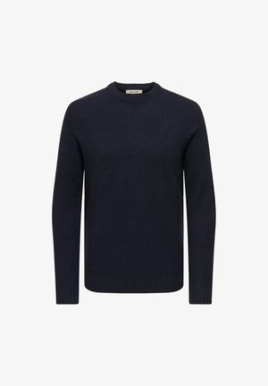 Maglione lavorato a maglia blu navy con una texture a coste, scollo rotondo, maniche lunghe e orlo aderente. Realizzato in un tessuto strutturato per garantire calore.