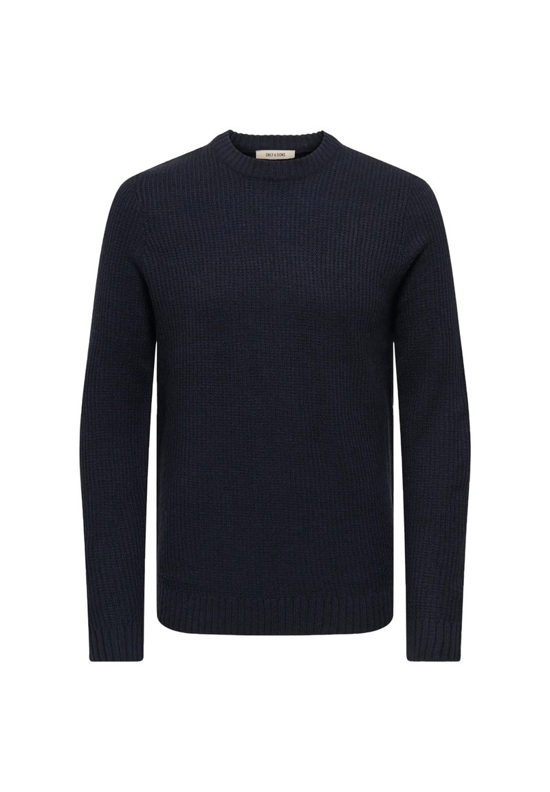 Maglione lavorato a maglia blu navy con una texture a coste, scollo rotondo, maniche lunghe e orlo aderente. Realizzato in un tessuto strutturato per garantire calore.