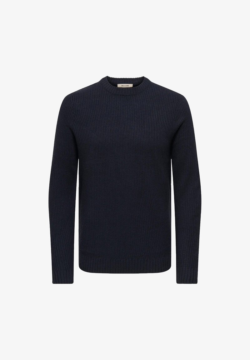 Maglione lavorato a maglia blu navy con una texture a coste, scollo rotondo, maniche lunghe e orlo aderente. Realizzato in un tessuto strutturato per garantire calore.