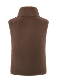 Fleece vesta v tmavě hnědé barvě, s vysokým límcem a hladkou, jemnou texturou. Design je bez rukávů a má rovný střih.