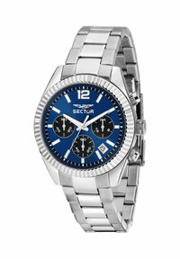 Orologio in acciaio inossidabile argentato con quadrante blu, indicatori delle ore bianchi, tre sotto-quadranti neri e display della data alle 4.