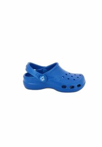 Blue plastic clog with a round toe, ventilation holes, back strap, and a logo accent on the side. Smooth texture, lightweight design.