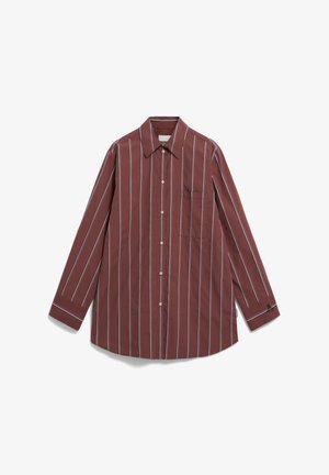 Maroon long-sleeve shirt with vertical white stripes, button-down collar, chest pocket, and contrasting cuff details. Cotton blend material.