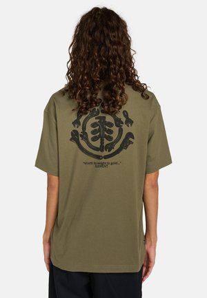 Olive green cotton t-shirt with short sleeves. Large black graphic design featuring tools and text on the back. Relaxed fit with a smooth texture.