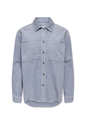 Lyseblå kordfløyels skjorte med knapper, lange ermer, to brystlommer og avrundet kant.