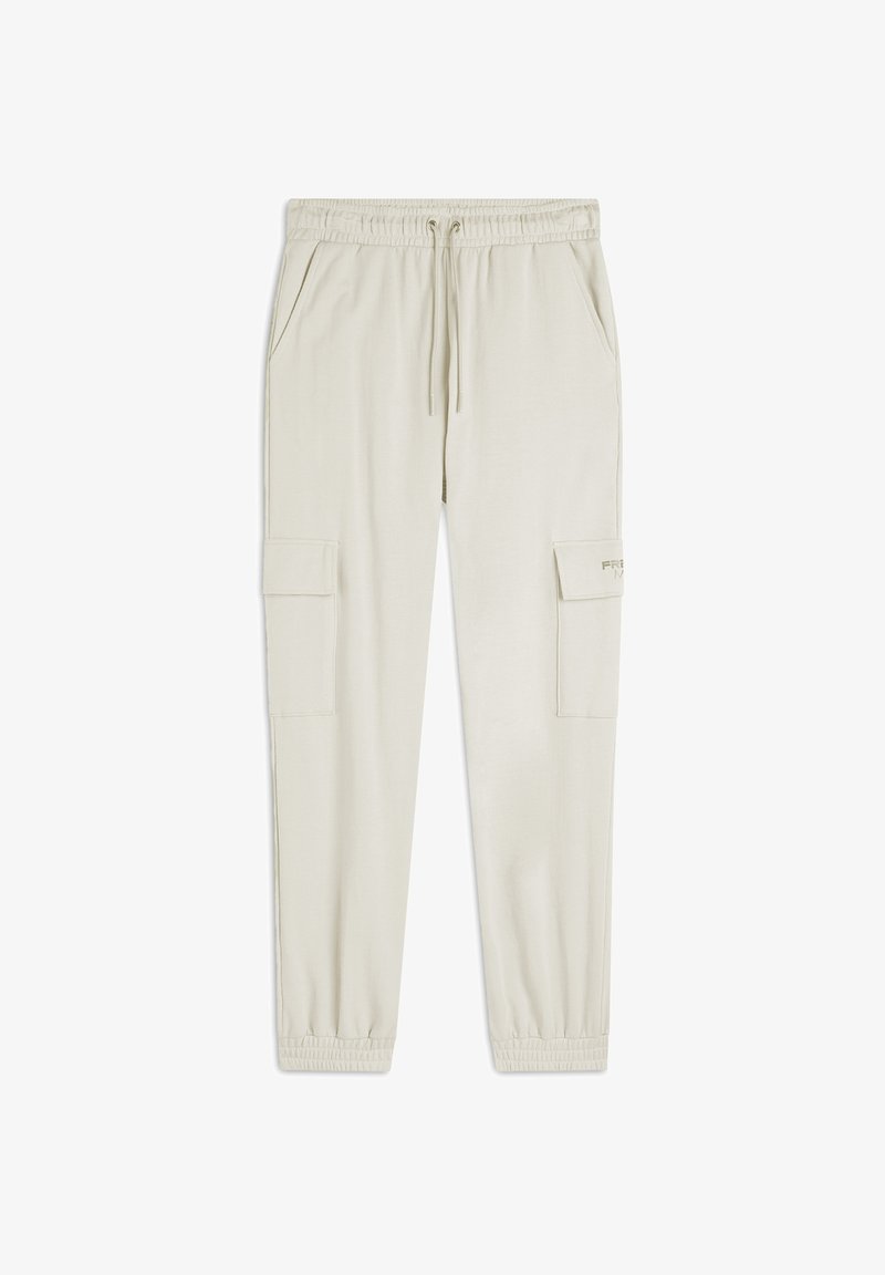 Pantaloni cargo beige chiaro con vita elastica, cordoncino e due tasche laterali. Gamba affusolata con fascette elastiche e dettaglio logo discreto.
