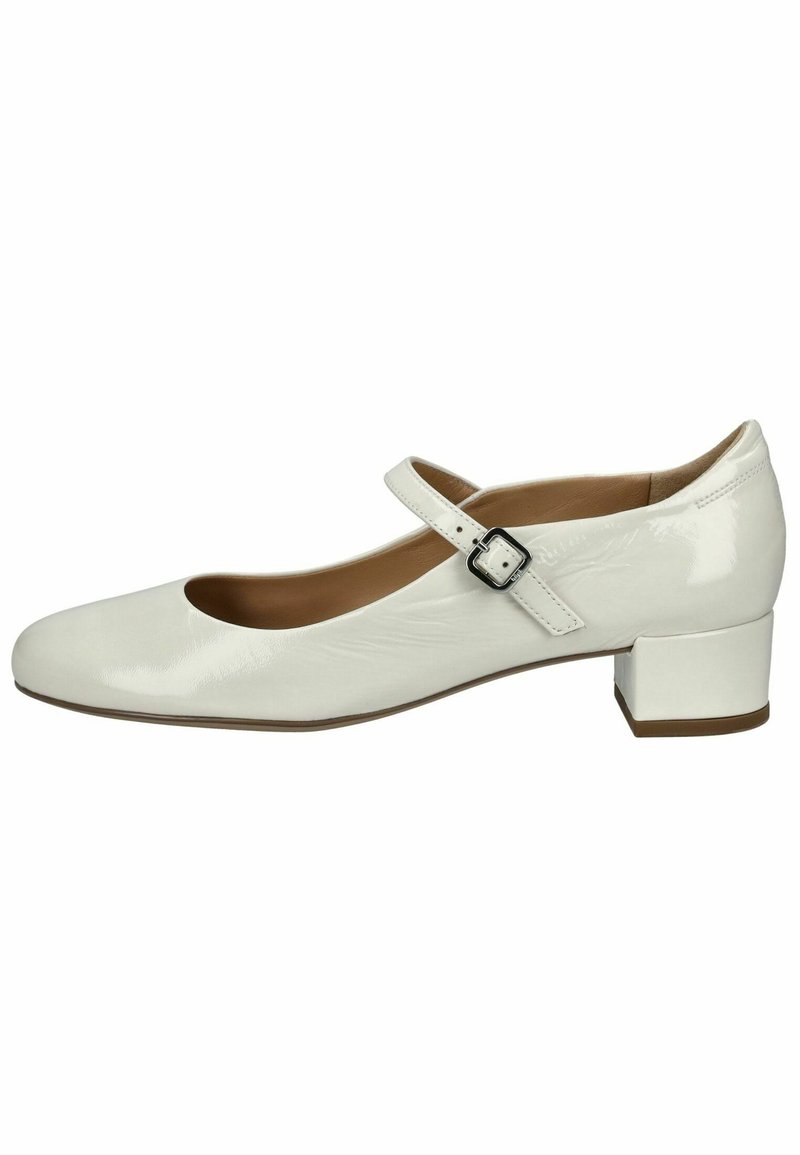 Scarpe Mary Jane in vernice bianca con punta arrotondata, tacco quadrato basso e una cinghia regolabile con dettagli in fibbia argentata.