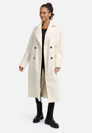White double-breasted coat with large lapels, black buttons, and a relaxed fit. Paired with black ankle boots and dark jeans.