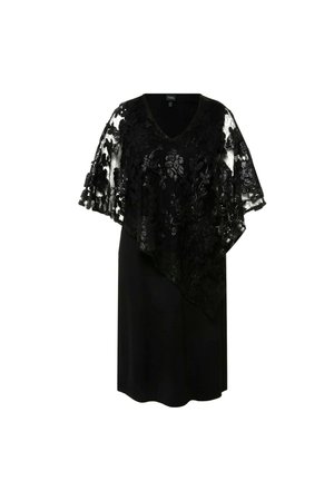 Schwarzes Kleid mit V-Ausschnitt und asymmetrischem Spitzenoverlay mit Blumenmustern. Die Spitze hat eine durchsichtige Textur, die das Design hervorhebt.