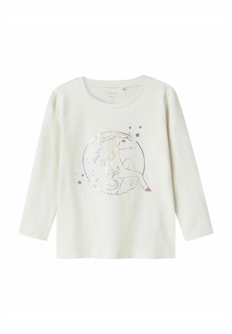Camisa de algodón blanca de manga larga con un gráfico de unicornio holográfico en un diseño circular, acentuado por pequeñas estrellas.