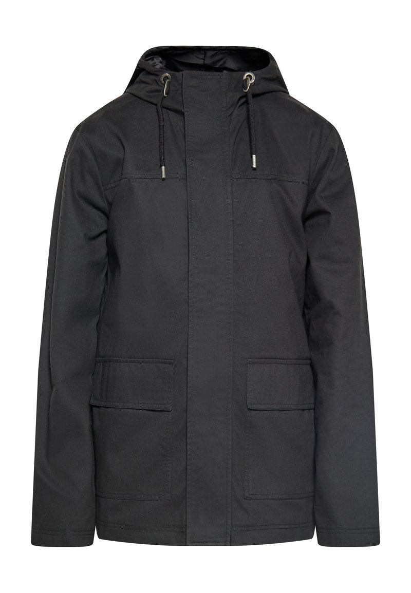 Schwarze wasserdichte Jacke mit Kapuze, Kordelzug, zwei frontalen Taschen und einem Reißverschluss, mit einer glatten, matten Textur und einem schlichten Design.