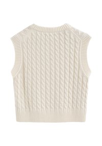 Ärmelloser Pullover aus Kabelstrick in Cremefarbe. Mit geripptem Halsausschnitt und Saum, sowie strukturierten Mustern im gesamten Stoff.