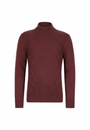 Bordowy sweter dziany z wysokim kołnierzem, z fakturowanym wzorem w warkocze na przodzie oraz ściągaczami na mankietach i u dołu.