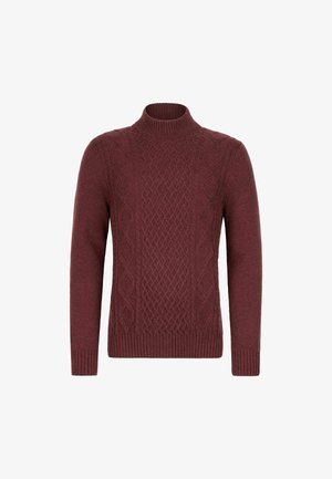 Bordowy sweter dziany z wysokim kołnierzem, z fakturowanym wzorem w warkocze na przodzie oraz ściągaczami na mankietach i u dołu.
