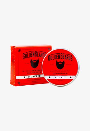 Tazza di metallo rotonda di balsamo per barba rossa con etichetta di testo nera, posizionata accanto a una scatola rossa abbinata, entrambe con un grafico di barba e dettagli.