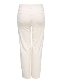 Άσπρο παντελόνι ίσιου ποδιού με πίσω τσέπες και θηλιές για ζώνη, εμφανιζόμενο από πίσω με ομαλή υφή υφάσματος.