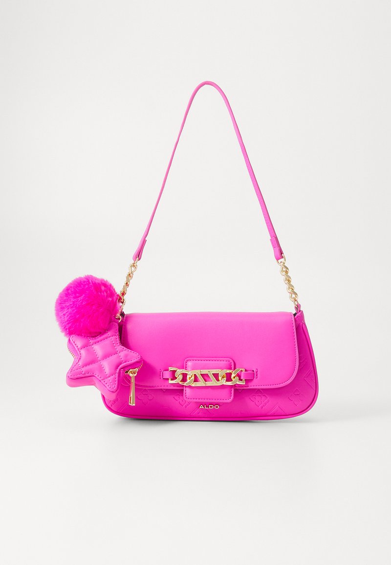 Borsa a mano rosa brillante con dettaglio in catena dorata, charm a forma di stella testurizzato e accessorio pom-pom morbido. Materiale sintetico liscio.