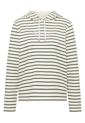 Sweat à capuche blanc avec des rayures horizontales noires et le texte cursif rose "Curious" sur la poitrine, doté de cordons blancs et de manches longues.