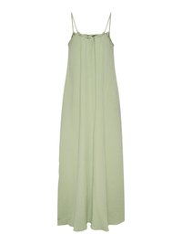 Robe longue vert clair sans manches avec fines bretelles et tissu subtilement texturé, coupe fluide et ample.
