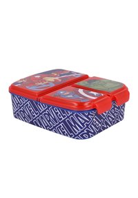 Lunchbox de plástico con tapa roja, interior dividido, que presenta gráficos de superhéroes de Marvel y una base azul con un patrón de texto en blanco que dice "MARVEL".