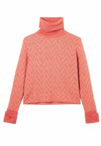 Korale różowy sweter z golfem w wzór zygzakowaty, o ribbowanej fakturze, z długimi rękawami i skróconym dołem. Wykonany z miękkiego dzianinowego materiału.