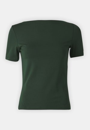 T-shirt à manches courtes de couleur vert foncé, en coton, avec un col rond classique et une coupe ajustée, bénéficiant de finitions soignées sur les bords.