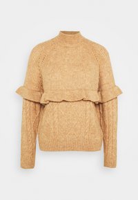 Strickpullover in einem warmen Beigeton, mit hohem Kragen, langen Ärmeln und einem Rüschensaum sowie strukturierten Mustern durchgehend.