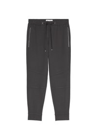 Pantalones jogger de color gris oscuro hechos de tela suave, con cintura ajustable con cordón, bolsillos laterales con cremallera y detalles cosidos a lo largo de las piernas.