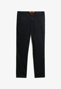 Pantalones casuales rectos negros con bolsillos frontales, lazos para el cinturón, cierre de botón y etiqueta naranja de la marca en el interior de la cinturilla.