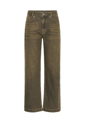 Wide-leg jeans in olive green denim, featuring a button closure, five-pocket design, and slight fading on the front for texture.