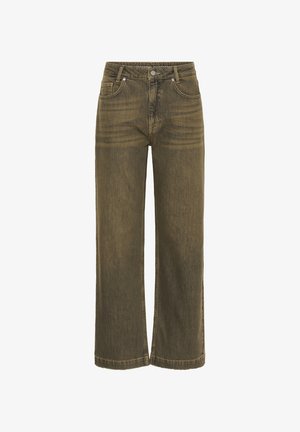 Wide-leg jeans in olive green denim, featuring a button closure, five-pocket design, and slight fading on the front for texture.