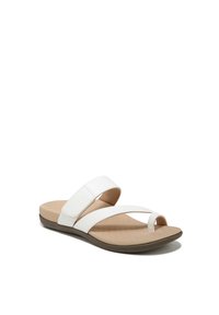 White flip-flop sandal with two wide crossed straps, a thong design, lightweight cushioning, and a brown textured sole.