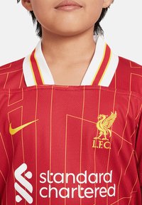 Maglietta rossa del Liverpool FC con strisce verticali gialle, logo Nike in oro e colletto bianco. Presenta il marchio "standard chartered" in bianco.