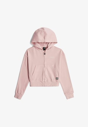 Hellrosa Kapuzenjacke mit Reißverschluss, vorderen Taschen, langen Ärmeln und einem kleinen Logo auf der Brust und nahe dem Saum.