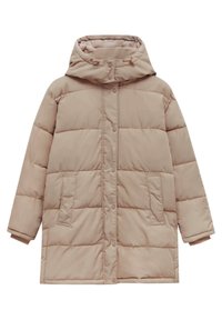 Veste matelassée beige clair avec capuche, dotée d'une fermeture à boutons-pression à l'avant, de deux poches latérales et de poignets côtelés ; texture matelassée sur toute la surface.
