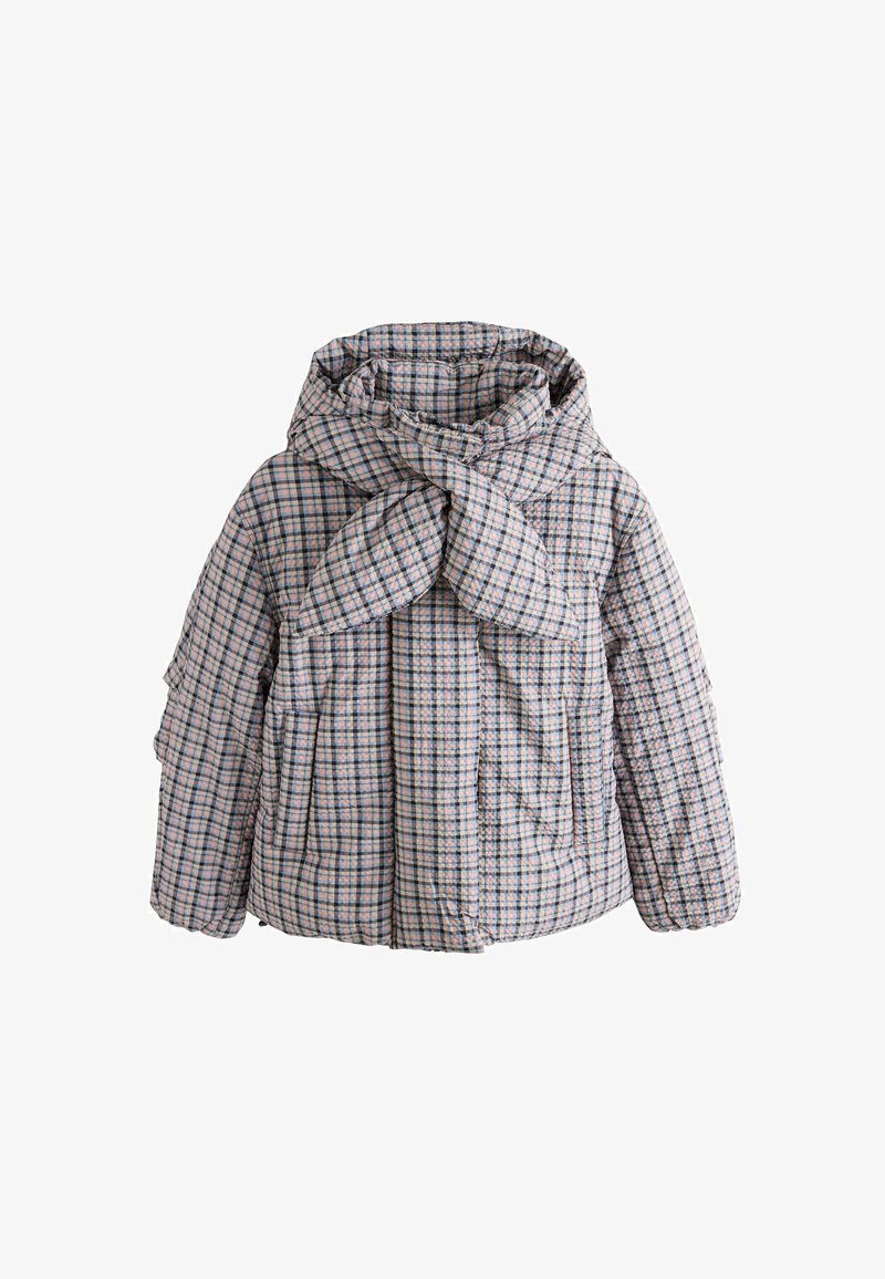 Padded hooded jacket with large scarf detail, puffed sleeves, and a small checkered pattern in muted pink, blue, and white colors.