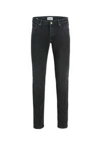 Vaqueros de denim negros con un ajuste slim, que presentan un diseño clásico de cinco bolsillos, cierre de botón y un ligero desgastado en la tela.