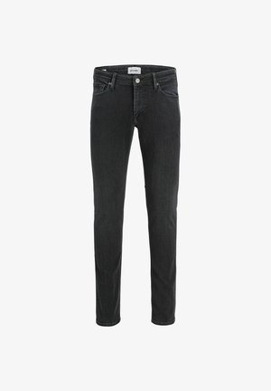 Černé džínsy s úzkým střihem, klasickým pětipocket designem, zapínáním na knoflík a jemným vyblednutím látky.