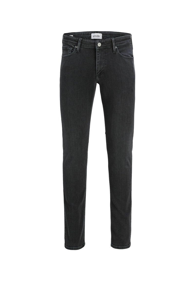Vaqueros de denim negros con un ajuste slim, que presentan un diseño clásico de cinco bolsillos, cierre de botón y un ligero desgastado en la tela.